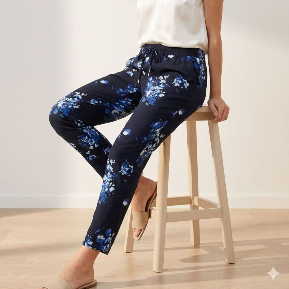 Cold Water Creek Women's Navy Blue Floral Light Weight Pants SM/8